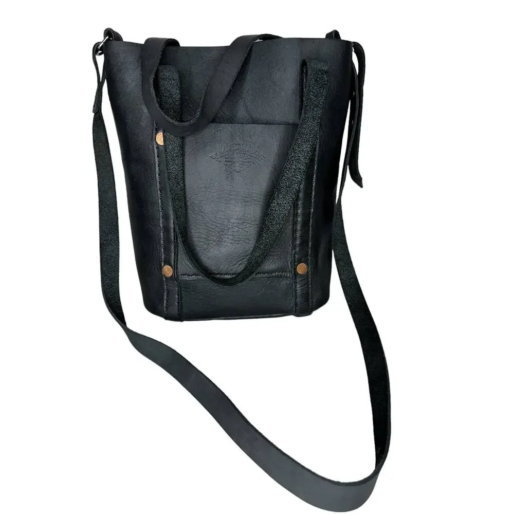 Haiti Made Mini Travay Upright Saddle Black Leather Tote Bag Purse Front Pocket